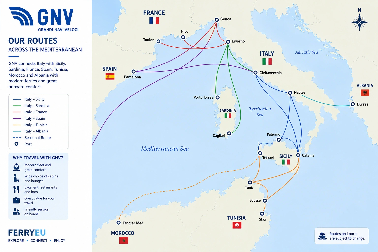 Streckennetz von Grandi Navi Veloci (GNV)